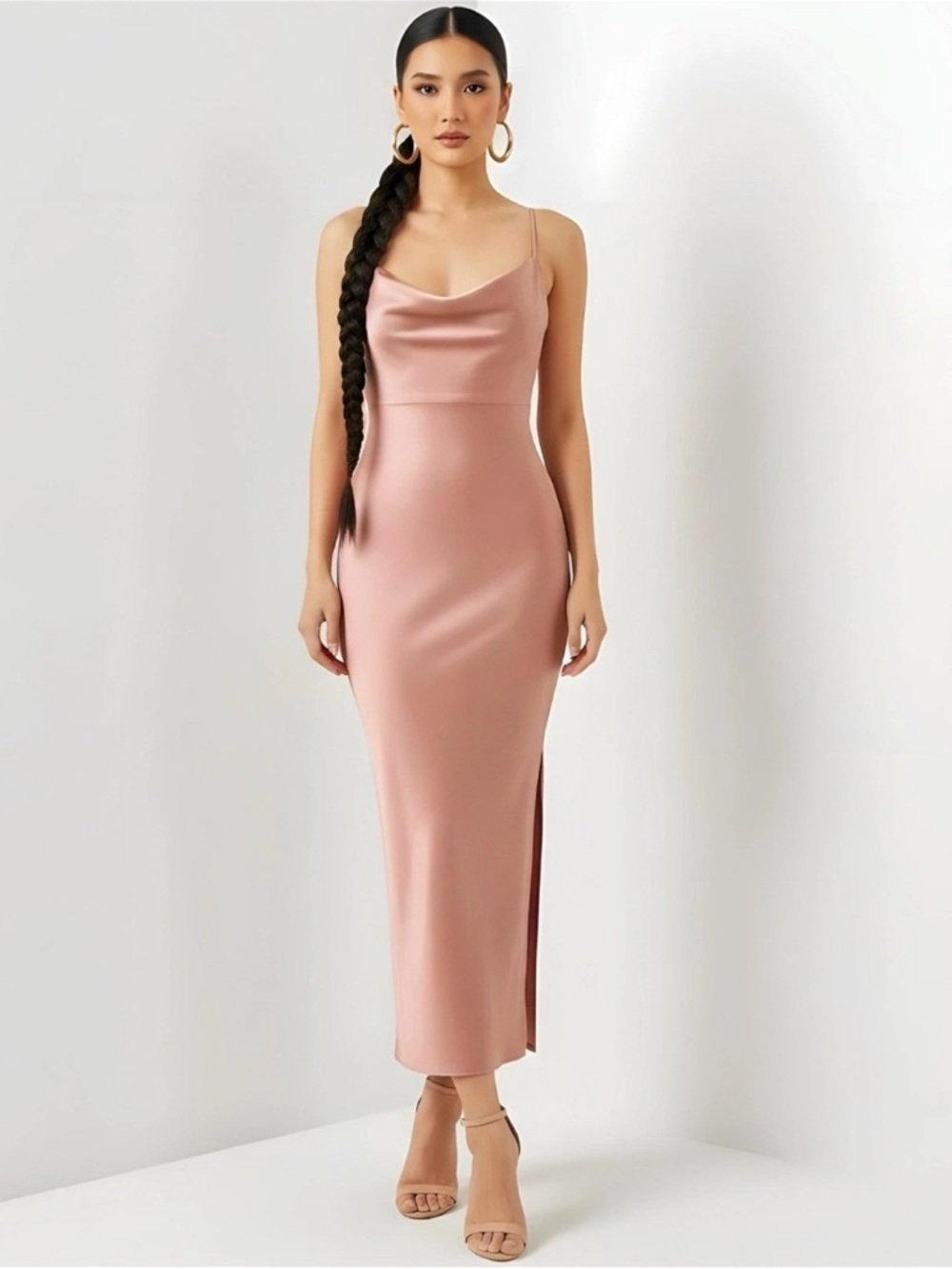BHLDN Cali Satin Charmeuse Slip Dress Sedona Midi Cowl Neck Wedding Guest Size 4